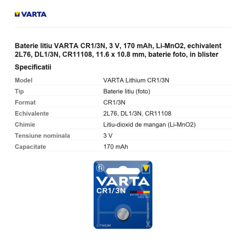 Baterie litiu VARTA CR1/3N, 3 V, 170 mAh, Li-MnO2, echivalent 2L76, DL1/3N, CR11108, 11.6 x 10.8 mm, baterie foto, in blister [2]