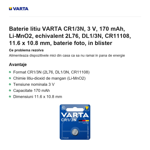 Baterie litiu VARTA CR1/3N, 3 V, 170 mAh, Li-MnO2, echivalent 2L76, DL1/3N, CR11108, 11.6 x 10.8 mm, baterie foto, in blister [1]