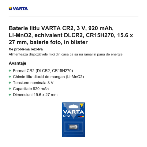 Baterie litiu VARTA CR2, 3 V, 920 mAh, Li-MnO2, echivalent DLCR2, CR15H270, 15.6 x 27 mm, baterie foto, in blister [1]