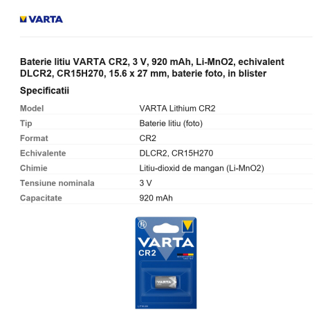 Baterie litiu VARTA CR2, 3 V, 920 mAh, Li-MnO2, echivalent DLCR2, CR15H270, 15.6 x 27 mm, baterie foto, in blister [2]