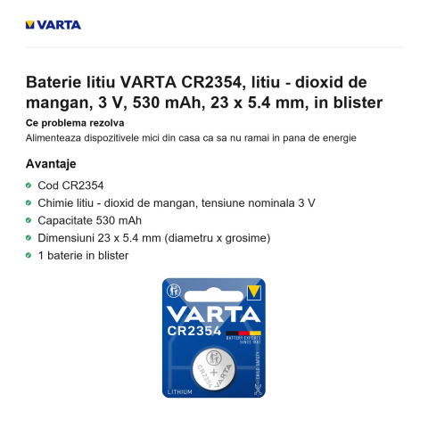 Baterie litiu VARTA CR2354, litiu - dioxid de mangan, 3 V, 530 mAh, 23 x 5.4 mm, in blister [1]