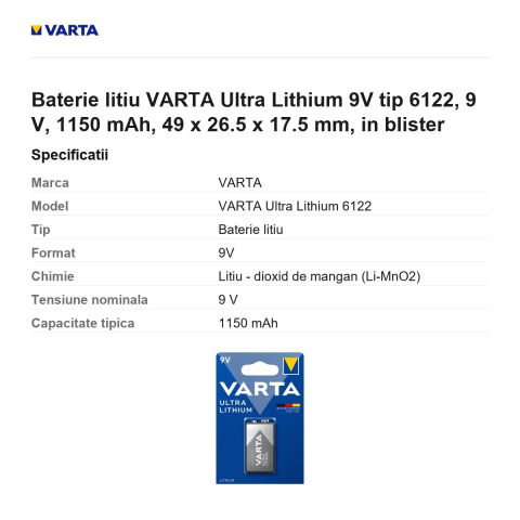 Baterie litiu VARTA Ultra Lithium 9V tip 6122, 9 V, 1150 mAh, 49 x 26.5 x 17.5 mm, in blister [2]