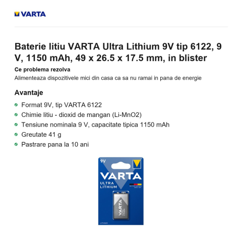 Baterie litiu VARTA Ultra Lithium 9V tip 6122, 9 V, 1150 mAh, 49 x 26.5 x 17.5 mm, in blister [1]