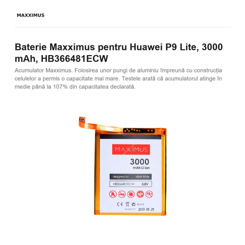 Baterie Maxximus pentru Huawei P9 Lite, 3000 mAh, HB366481ECW [1]