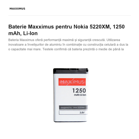 Baterie Maxximus pentru Nokia 5220XM, 1250 mAh, Li-Ion [1]