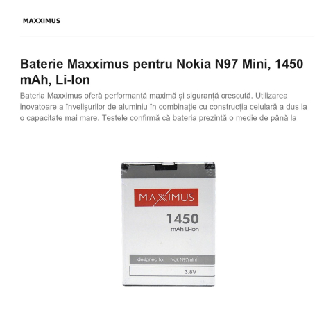Baterie Maxximus pentru Nokia N97 Mini, 1450 mAh, Li-Ion [1]