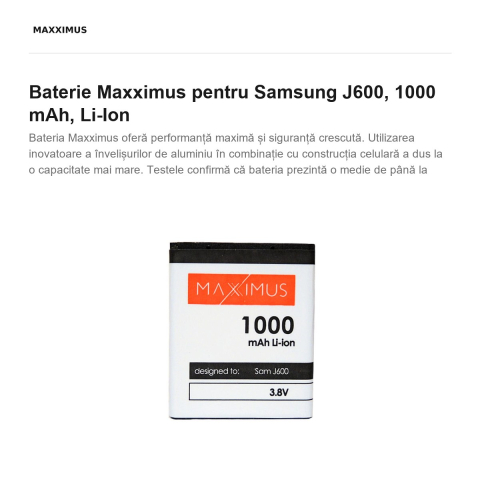 Baterie Maxximus pentru Samsung J600, 1000 mAh, Li-Ion [1]