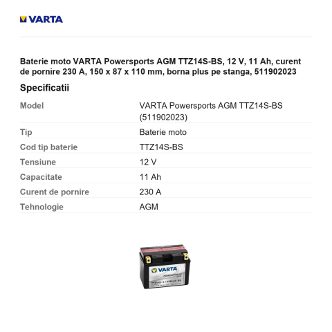 Baterie moto VARTA Powersports AGM TTZ14S-BS, 12 V, 11 Ah, curent de pornire 230 A, 150 x 87 x 110 mm, borna plus pe stanga, 511902023 [2]