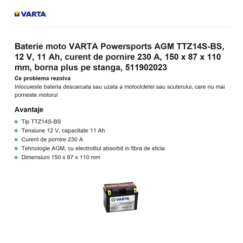 Baterie moto VARTA Powersports AGM TTZ14S-BS, 12 V, 11 Ah, curent de pornire 230 A, 150 x 87 x 110 mm, borna plus pe stanga, 511902023 [1]