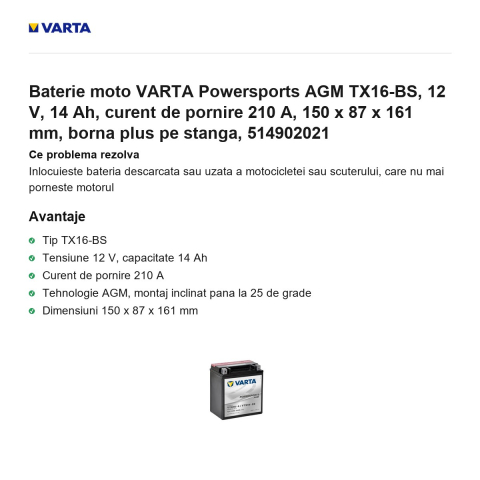 Baterie moto VARTA Powersports AGM TX16-BS, 12 V, 14 Ah, curent de pornire 210 A, 150 x 87 x 161 mm, borna plus pe stanga, 514902021 [1]