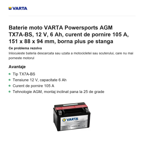 Baterie moto VARTA Powersports AGM TX7A-BS, 12 V, 6 Ah, curent de pornire 105 A, 151 x 88 x 94 mm, borna plus pe stanga [1]