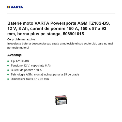 Baterie moto VARTA Powersports AGM TZ10S-BS, 12 V, 8 Ah, curent de pornire 150 A, 150 x 87 x 93 mm, borna plus pe stanga, 508901015 [1]