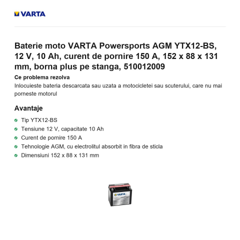 Baterie moto VARTA Powersports AGM YTX12-BS, 12 V, 10 Ah, curent de pornire 150 A, 152 x 88 x 131 mm, borna plus pe stanga, 510012009 [1]