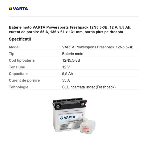 Baterie moto VARTA Powersports Freshpack 12N5.5-3B, 12 V, 5,5 Ah, curent de pornire 55 A, 136 x 61 x 131 mm, borna plus pe dreapta [2]