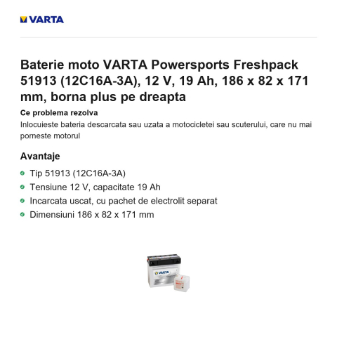 Baterie moto VARTA Powersports Freshpack 51913 (12C16A-3A), 12 V, 19 Ah, 186 x 82 x 171 mm, borna plus pe dreapta [1]