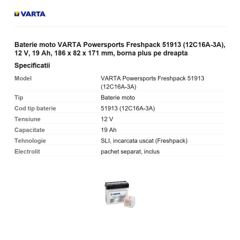 Baterie moto VARTA Powersports Freshpack 51913 (12C16A-3A), 12 V, 19 Ah, 186 x 82 x 171 mm, borna plus pe dreapta [2]