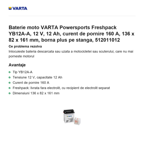 Baterie moto VARTA Powersports Freshpack YB12A-A, 12 V, 12 Ah, curent de pornire 160 A, 136 x 82 x 161 mm, borna plus pe stanga, 512011012 [1]