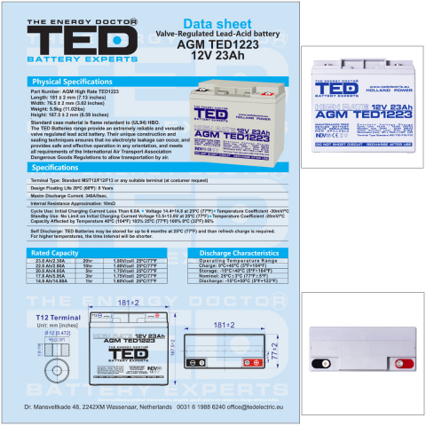 Baterie Reincarcabila 12V High Rate VRLA 23Ah AGM, Dimensiuni 181x76x167 mm, TED Electric TED1223, pentru UPS, echipamente medicale, utilaje electrice, iluminare urgenta [5]