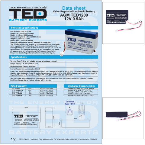 Baterie Reincarcabila 12V Stationara VRLA 0.9Ah AGM, Dimensiuni 96x25x62 mm, TED Electric TED1209, pentru sisteme UPS si backup, securitate, echipamente medicale, iluminare, jucarii si stocare energie [4]