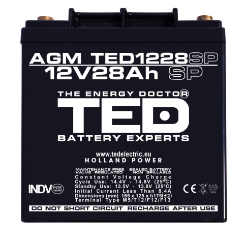 Baterie Reincarcabila 12V Stationara VRLA 28Ah AGM, Dimensiuni 165x125x175 mm, TED Electric TED1228SP, pentru sisteme UPS si backup, echipamente medicale, securitate, iluminare, energie regenerabila [1]