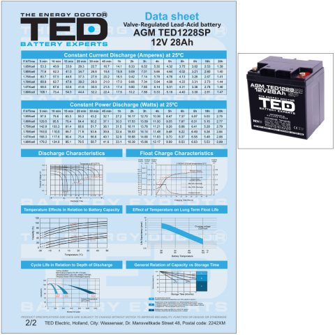 Baterie Reincarcabila 12V Stationara VRLA 28Ah AGM, Dimensiuni 165x125x175 mm, TED Electric TED1228SP, pentru sisteme UPS si backup, echipamente medicale, securitate, iluminare, energie regenerabila [5]
