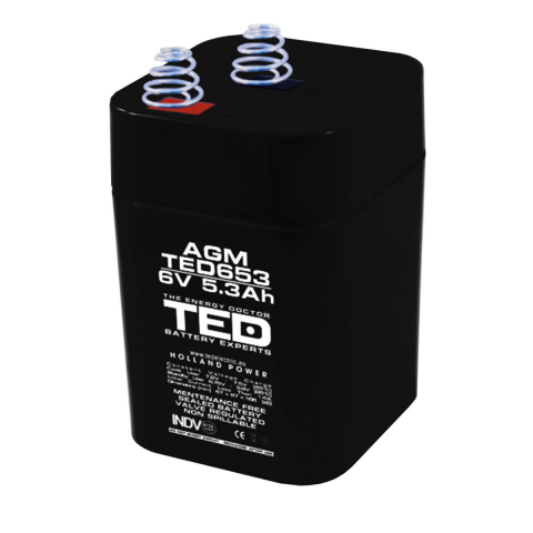 Energy - Baterie Reincarcabila 6V Stationara VRLA 5.3Ah AGM, Dimensiuni 67x67x97 mm, TED Electric TED653, pentru jucarii electrice, echipamente medicale, sisteme de securitate, iluminare, stocare energie