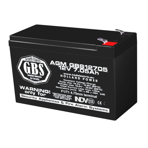 Energy - Baterie Reincarcabila F1 12V Sisteme Alarma VRLA 7.05Ah AGM, Dimensiuni 151x65x95 mm, TED Electric GBS12705, pentru Sisteme Securitate, CCTV, Control Acces