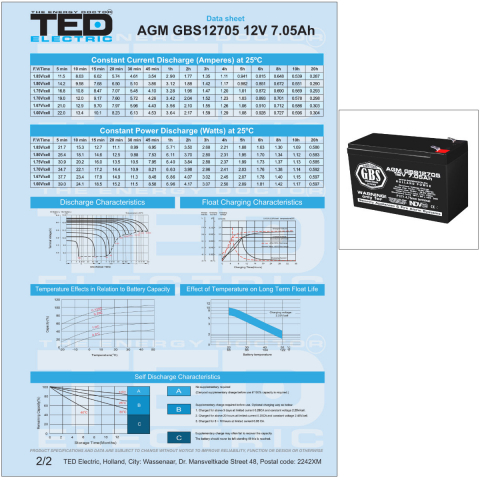 Baterie Reincarcabila F1 12V Sisteme Alarma VRLA 7.05Ah AGM, Dimensiuni 151x65x95 mm, TED Electric GBS12705, pentru Sisteme Securitate, CCTV, Control Acces [3]