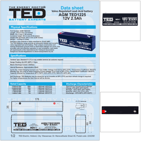 Baterie Reincarcabila F1/T1 12V Stationara VRLA 2.5Ah AGM, Dimensiuni 178x34x60 mm, TED Electric TED1225, pentru sisteme UPS si backup, securitate, echipamente medicale, iluminare, stocare energie [4]
