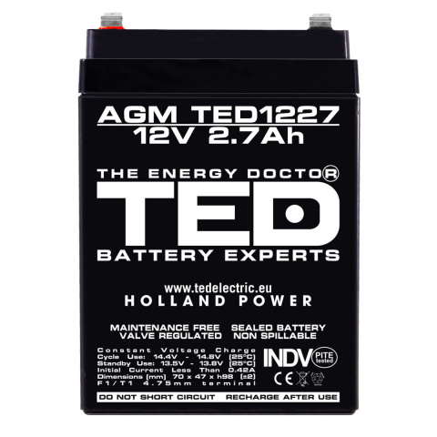Baterie Reincarcabila F1/T1 12V Stationara VRLA 2.7Ah AGM, Dimensiuni 70x47x98 mm, TED Electric TED1227, pentru sisteme UPS si backup, securitate, echipamente medicale, iluminare, stocare energie [1]