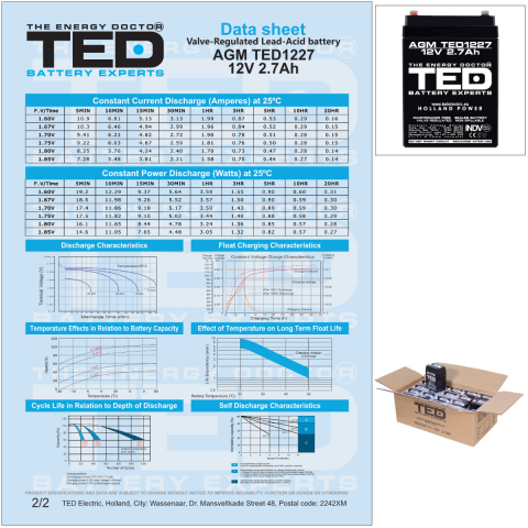 Baterie Reincarcabila F1/T1 12V Stationara VRLA 2.7Ah AGM, Dimensiuni 70x47x98 mm, TED Electric TED1227, pentru sisteme UPS si backup, securitate, echipamente medicale, iluminare, stocare energie [5]