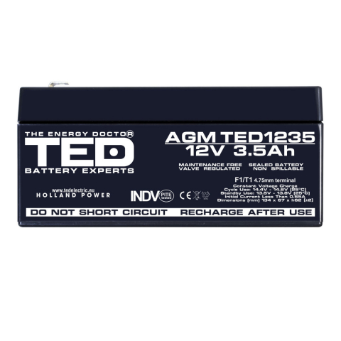 Baterie Reincarcabila F1/T1 12V Stationara VRLA 3.5Ah AGM, Dimensiuni 134x67x62 mm, TED Electric TED1235, pentru sisteme UPS si backup, securitate, echipamente medicale, energie regenerabila, iluminar [1]
