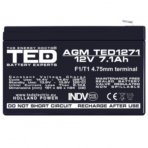Baterie Reincarcabila F1/T1 12V Stationara VRLA 7.1Ah AGM, Dimensiuni 151x65x95 mm, TED Electric TED1271, pentru sisteme UPS si backup, securitate, echipamente medicale, iluminare, stocare energie [1]