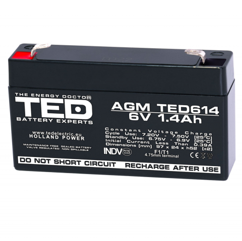 Energy - Baterie Reincarcabila F1/T1 6V Stationara VRLA 1.4Ah AGM, Dimensiuni 97x24x52 mm, TED Electric TED614, pentru Jucarii Electrice, Echipamente Medicale, Securitate, Iluminare