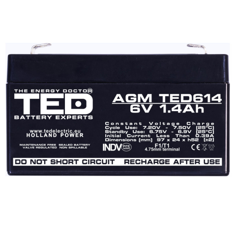 Baterie Reincarcabila F1/T1 6V Stationara VRLA 1.4Ah AGM, Dimensiuni 97x24x52 mm, TED Electric TED614, pentru Jucarii Electrice, Echipamente Medicale, Securitate, Iluminare [1]
