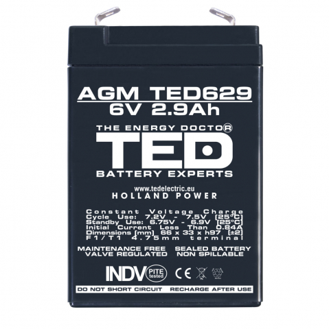 Baterie Reincarcabila F1/T1 6V Stationara VRLA 2.9Ah AGM, Dimensiuni 66x33x97 mm, TED Electric TED629, pentru sisteme UPS si backup, securitate, echipamente medicale, iluminare, stocare energie [1]