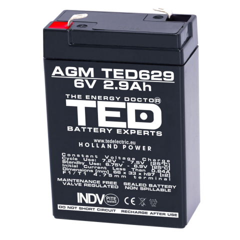 Energy - Baterie Reincarcabila F1/T1 6V Stationara VRLA 2.9Ah AGM, Dimensiuni 66x33x97 mm, TED Electric TED629, pentru sisteme UPS si backup, securitate, echipamente medicale, iluminare, stocare energie