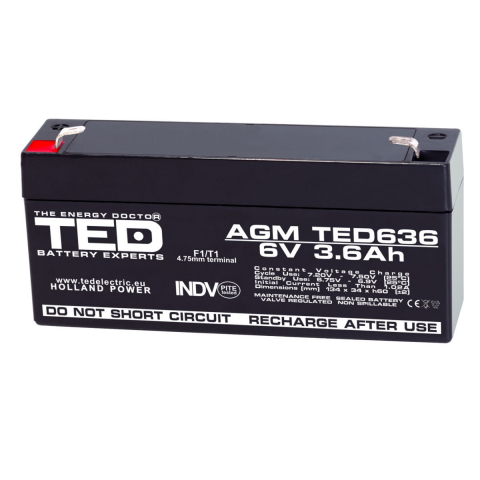 Energy - Baterie Reincarcabila F1/T1 6V Stationara VRLA 3.6Ah AGM, Dimensiuni 134x34x60 mm, TED Electric TED636, pentru Jucarii Electrice, Echipamente Medicale, Securitate, Iluminare