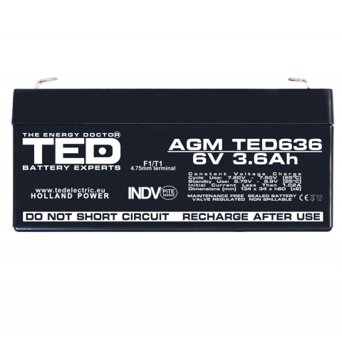 Baterie Reincarcabila F1/T1 6V Stationara VRLA 3.6Ah AGM, Dimensiuni 134x34x60 mm, TED Electric TED636, pentru Jucarii Electrice, Echipamente Medicale, Securitate, Iluminare [1]