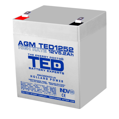 Energy - Baterie Reincarcabila F2 12V High Rate VRLA 5.2Ah AGM, Dimensiuni 90x70x98 mm, TED Electric TED1252, pentru sisteme UPS si backup, echipamente medicale, industriale, iluminare portabila