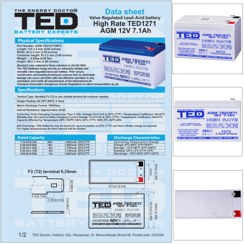 Baterie Reincarcabila F2 12V High Rate VRLA 7.1Ah AGM, Dimensiuni 151x65x95 mm, TED Electric TED1271, pentru UPS, Echipamente Medicale, Industriale, Utilaje Electrice [5]