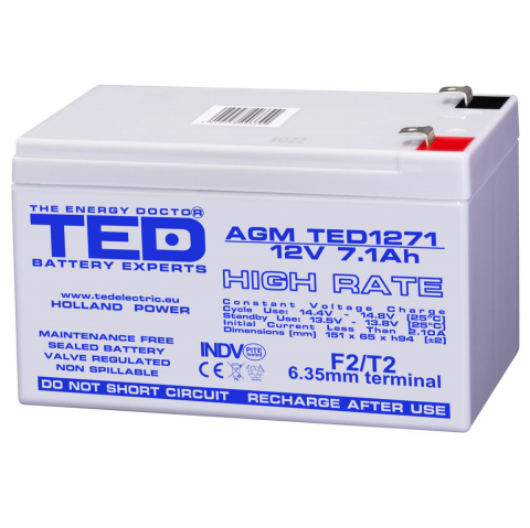 Energy - Baterie Reincarcabila F2 12V High Rate VRLA 7.1Ah AGM, Dimensiuni 151x65x95 mm, TED Electric TED1271, pentru UPS, Echipamente Medicale, Industriale, Utilaje Electrice