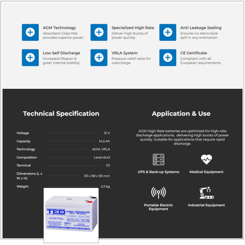 Baterie Reincarcabila F2 12V Stationara VRLA High Rate 14.5Ah AGM, Dimensiuni 151x98x95 mm, TED Electric TED12145, pentru UPS, echipamente medicale, industriale si iluminat portabil [4]