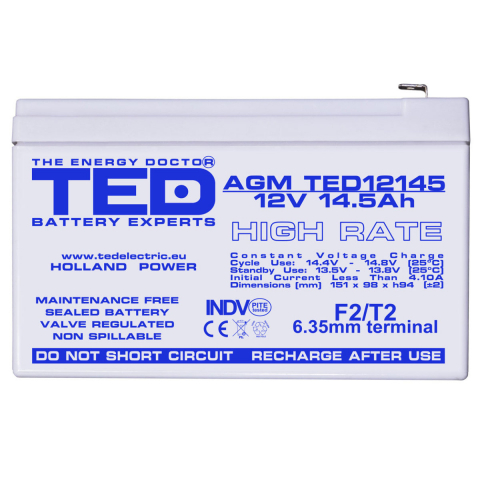 Baterie Reincarcabila F2 12V Stationara VRLA High Rate 14.5Ah AGM, Dimensiuni 151x98x95 mm, TED Electric TED12145, pentru UPS, echipamente medicale, industriale si iluminat portabil [1]