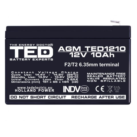 Baterie Reincarcabila F2/T2 12V Stationara VRLA 10Ah AGM, Dimensiuni 151x65x95 mm, TED Electric TED1210, pentru sisteme UPS si backup, securitate, echipamente medicale, iluminare, stocare energie [1]
