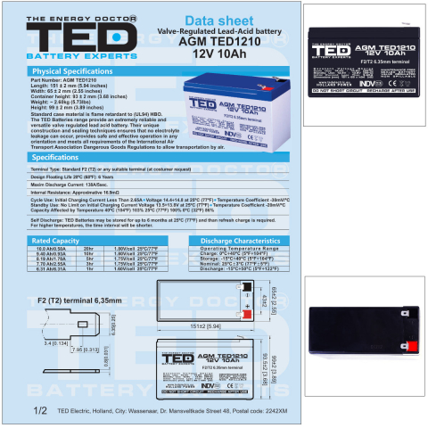 Baterie Reincarcabila F2/T2 12V Stationara VRLA 10Ah AGM, Dimensiuni 151x65x95 mm, TED Electric TED1210, pentru sisteme UPS si backup, securitate, echipamente medicale, iluminare, stocare energie [4]