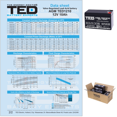 Baterie Reincarcabila F2/T2 12V Stationara VRLA 10Ah AGM, Dimensiuni 151x65x95 mm, TED Electric TED1210, pentru sisteme UPS si backup, securitate, echipamente medicale, iluminare, stocare energie [5]