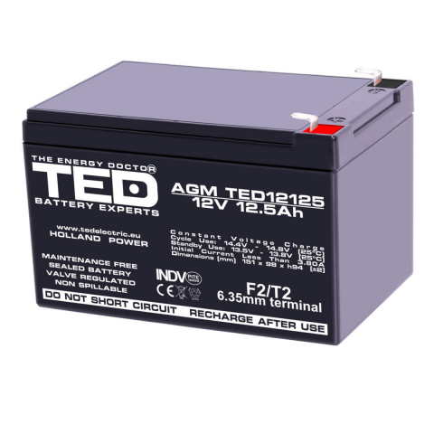Energy - Baterie Reincarcabila F2/T2 12V Stationara VRLA 12.5Ah AGM, Dimensiuni 151x98x94 mm, TED Electric TED12125, pentru sisteme UPS, echipamente industriale, medicale, securitate, iluminat de urgenta, ener