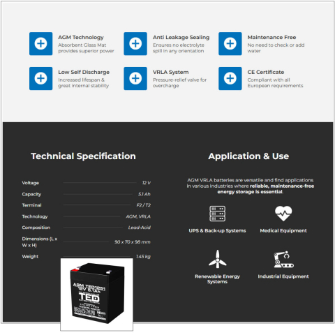Baterie Reincarcabila F2/T2 12V Stationara VRLA 5.1Ah AGM, Dimensiuni 90x70x98 mm, TED Electric TED1251, pentru sisteme UPS, echipamente medicale, sisteme securitate,, iluminat, echipamente mobile [1]