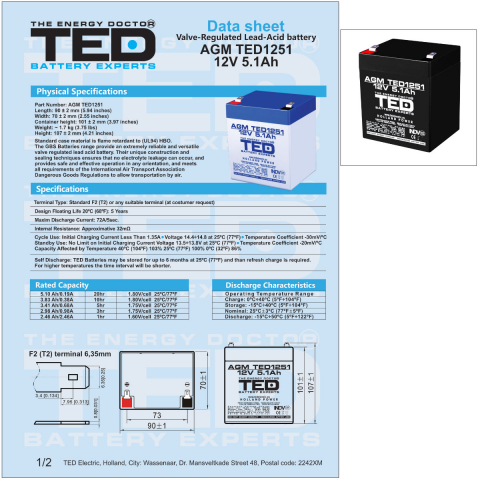 Baterie Reincarcabila F2/T2 12V Stationara VRLA 5.1Ah AGM, Dimensiuni 90x70x98 mm, TED Electric TED1251, pentru sisteme UPS, echipamente medicale, sisteme securitate,, iluminat, echipamente mobile [2]